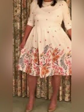 Floral Border Print Ivory Fit-and-Flare Dress